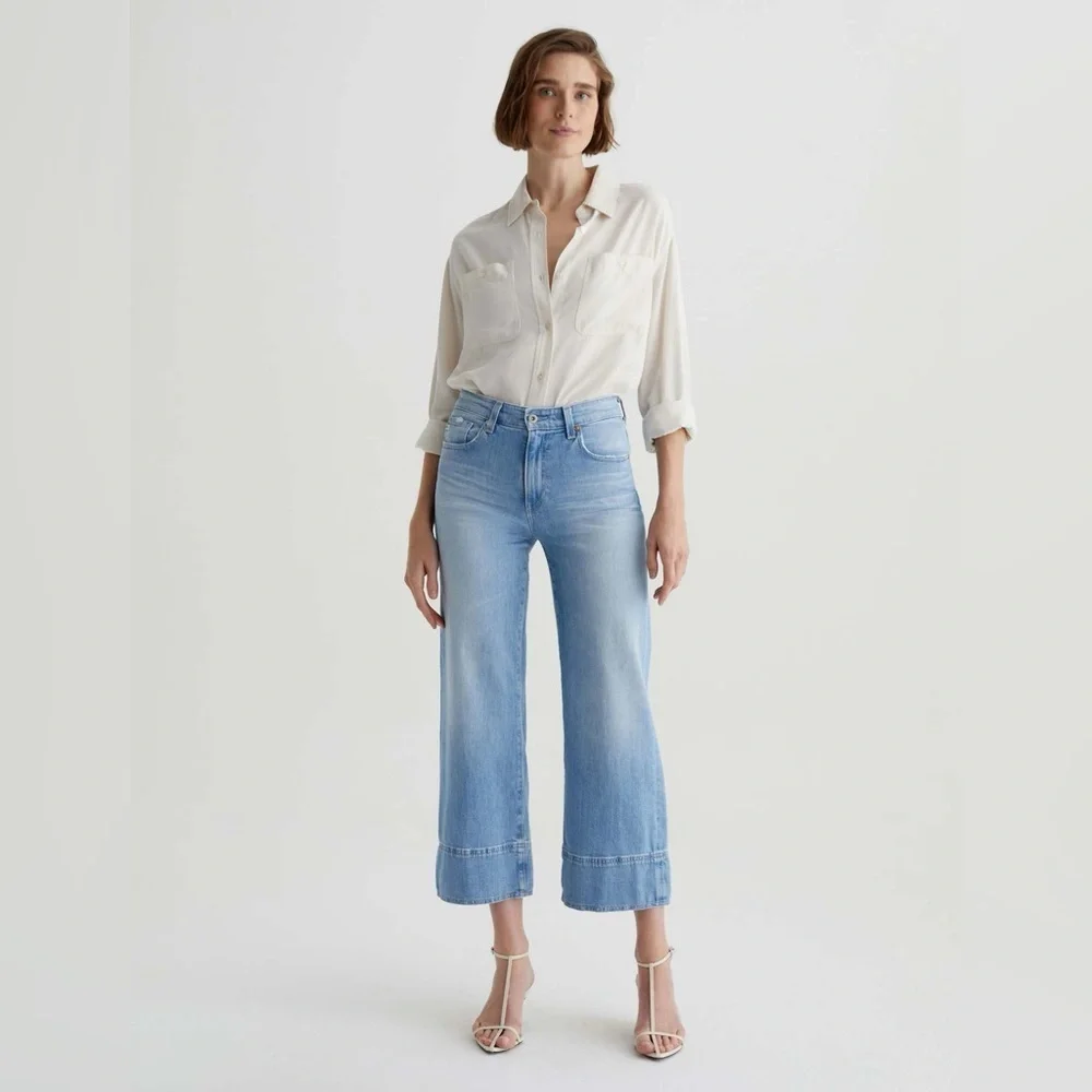 Zara Cropped Wide Leg Jeans high rise blue - Picture 2 of 12